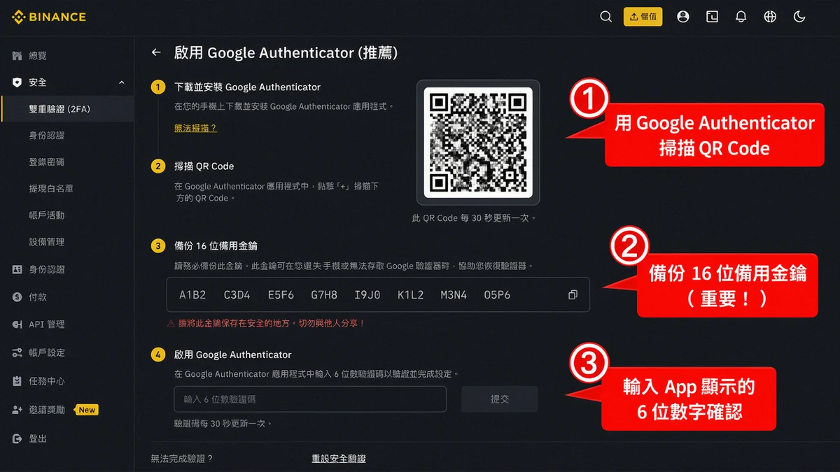 幣安開戶教學 2026|台灣人 5 分鐘完成 KYC 身份認證步驟圖解 7 幣安 2FA Google Authenticator 設定步驟圖解