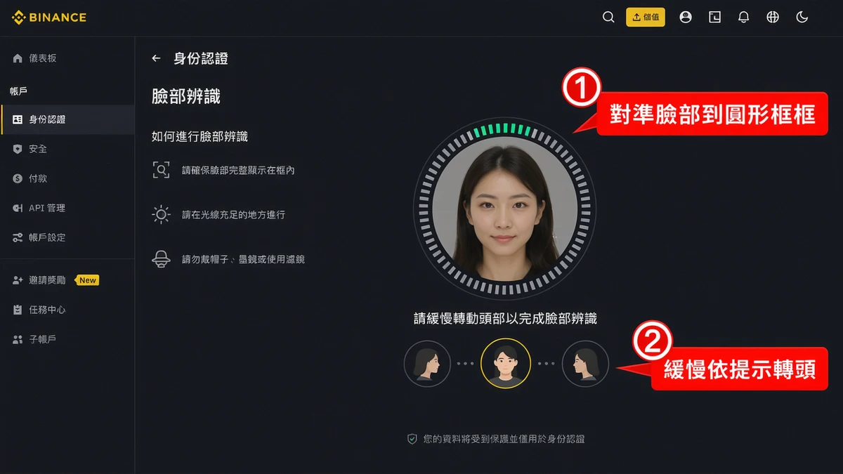 幣安開戶教學 2026|台灣人 5 分鐘完成 KYC 身份認證步驟圖解 6 幣安 KYC 臉部辨識活體驗證步驟圖解