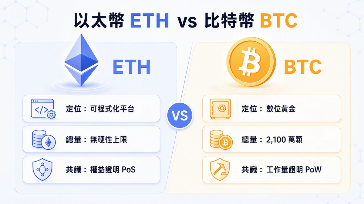 以太幣 ETH 是什麼?怎麼在台灣買? 5 以太幣 ETH 與比特幣 BTC 比較示意圖
