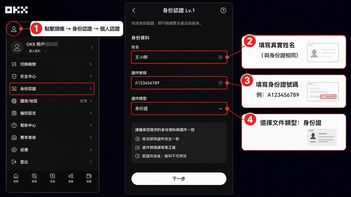 OKX 開戶教學 2026|台灣人 3 分鐘完成 KYC 身份認證步驟圖解 5 OKX KYC Lv.1 基礎認證步驟,填寫真實姓名與身份證號碼