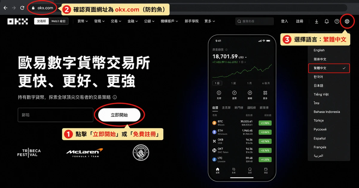 OKX 開戶教學 2026|台灣人 3 分鐘完成 KYC 身份認證步驟圖解 2 OKX 官網首頁,點擊立即開始進行開戶